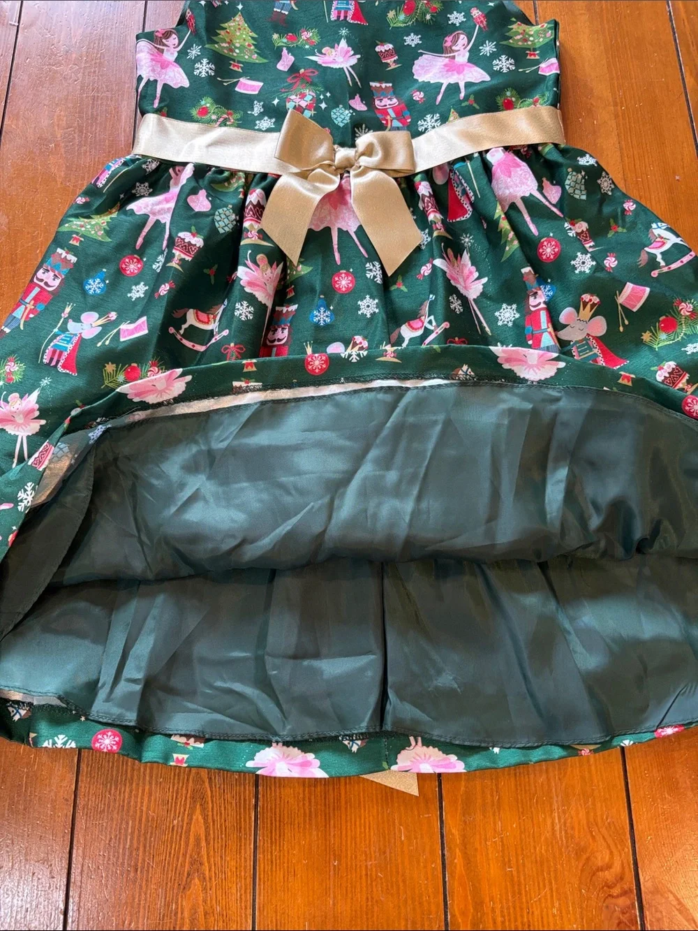 Bonnie Jean Green Nutcracker & Ballerina Holiday Dress w/ Gold Bow Girls 12 EUC